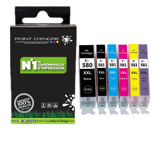 PGI-580XXL / CLI-581XXL - Pack Noir / Cyan / Magenta / Jaune / violet - Grande capacité de Marque Française POINT D'ENCRE Pour imprimante compatible CANON (cec)