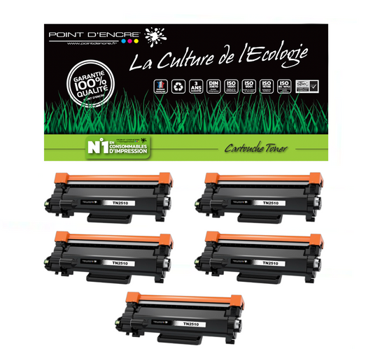 TN2510XL - 5 X NOIR - Grande capacité Marque Francaise POINT D'ENCRE pour Imprimantes compatibles Brother (clbr)