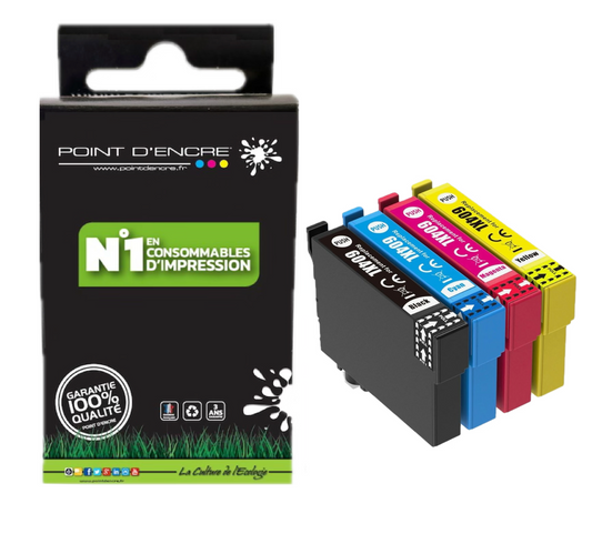 604XL - Ananas - Pack de 4 Cartouches D'encre Noir/Cyan/Magenta/ Jaune - Grande capacité de Marque Francaise POINT D'ENCRE Pour imprimante compatible EPSON (cee)