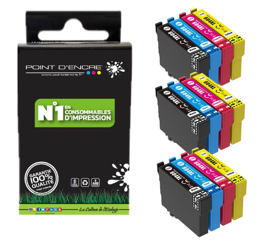 604XL - Ananas - 3 X Pack de 4 Cartouches D'encre Noir/Cyan/Magenta/ Jaune - Grande capacité de Marque Francaise POINT D'ENCRE Pour imprimante compatible EPSON (cee)
