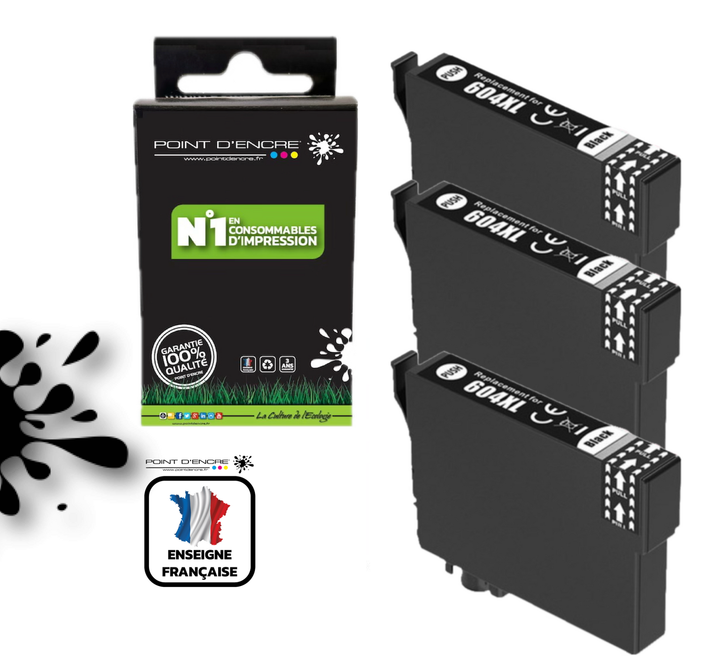 604XL - Ananas - 3 X NOIR - Grande capacité de Marque Francaise POINT D'ENCRE Pour imprimante compatible EPSON (cee)