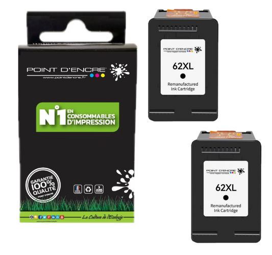62XL - 2 X NOIR - Grande capacité de Marque Française POINT D'ENCRE - Pour imprimante compatible HP (cehp)