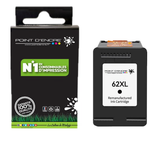 62XL - NOIR - Grande capacité de Marque Française POINT D'ENCRE - Pour imprimante compatible HP (cehp)