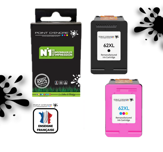 62XL - NOIR & COULEUR - ABONNEMENT - Grande capacité de Marque Francaise POINT D'ENCRE - Pour imprimante compatible HP (cehp)