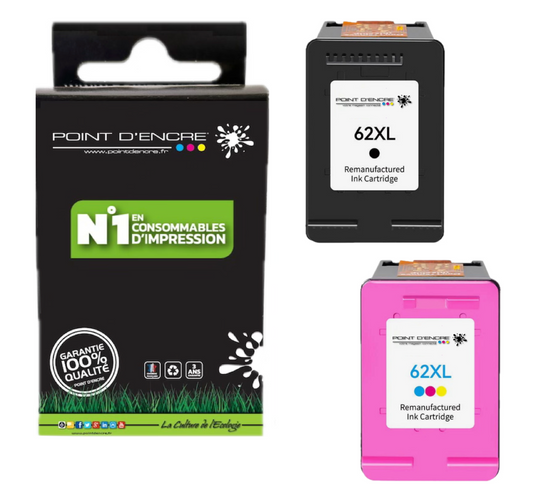 62XL - NOIR / COULEUR - Grande capacité de Marque Française POINT D'ENCRE - Pour imprimante compatible HP (cehp)
