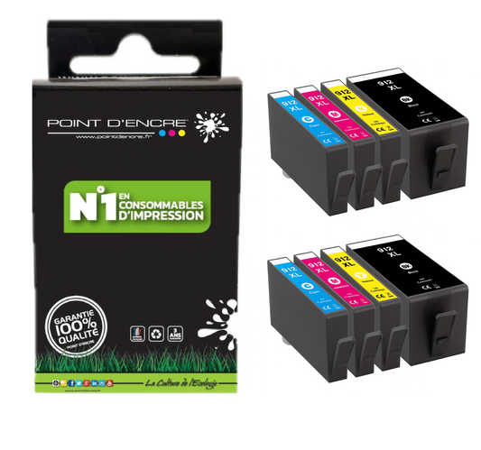 912XL - 2 X Pack de 4 Cartouches D'encre Noir/Cyan/Magenta/ Jaune - Grande capacité de Marque Française POINT D'ENCRE Pour imprimante compatible HP (cehp)