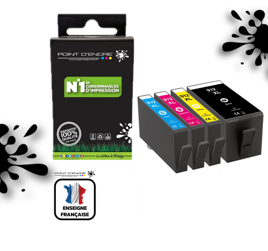 912XL - ABONNEMENT - Pack de 4 Cartouches D'encre Noir/Cyan/Magenta/ Jaune - Grande capacité de Marque Française POINT D'ENCRE Pour imprimante compatible HP (cehp)