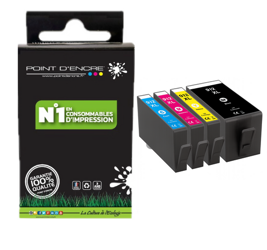 912XL - Pack de 4 Cartouches D'encre Noir/Cyan/Magenta/ Jaune - Grande capacité de Marque Française POINT D'ENCRE Pour imprimante compatible HP (cehp)