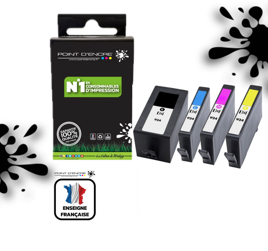 924 - ABONNEMENT - Pack de 4 Cartouches D'encre Noir/Cyan/Magenta/ Jaune - Grande capacité de Marque Française POINT D'ENCRE Pour imprimante compatible HP (cehp)