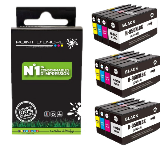 950XL / 951XL - 3 X Pack de 4 Cartouches D'encre Noir/Cyan/Magenta/ Jaune - Grande capacité de Marque Française POINT D'ENCRE Pour imprimante compatible HP (cehp)
