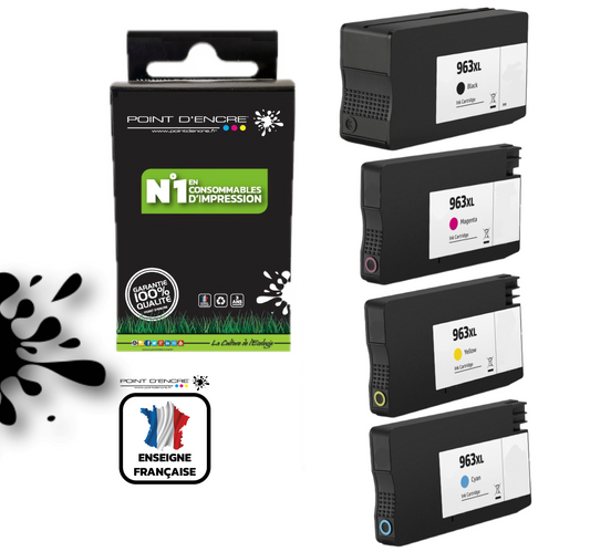 963XL - ABONNEMENT - Pack de 4 Cartouches D'encre Noir/Cyan/Magenta/ Jaune - Grande capacité de Marque Française POINT D'ENCRE Pour imprimante compatible HP (cehp)