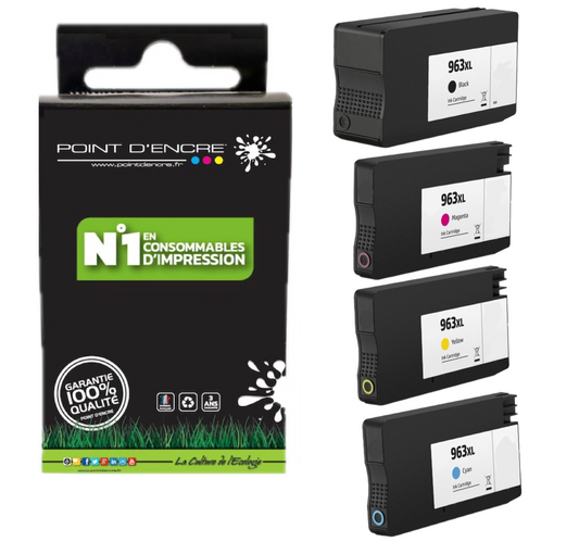 963XL - Pack de 4 Cartouches D'encre Noir/Cyan/Magenta/ Jaune - Grande capacité de Marque Française POINT D'ENCRE Pour imprimante compatible HP (cehp)