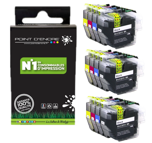 LC3213/LC3211XL - 3 X Pack de 4 Cartouches D'encre Noir/Cyan/Magenta/ Jaune - Grande capacité de Marque Française POINT D'ENCRE Pour imprimante compatible BROTHER (ceb)