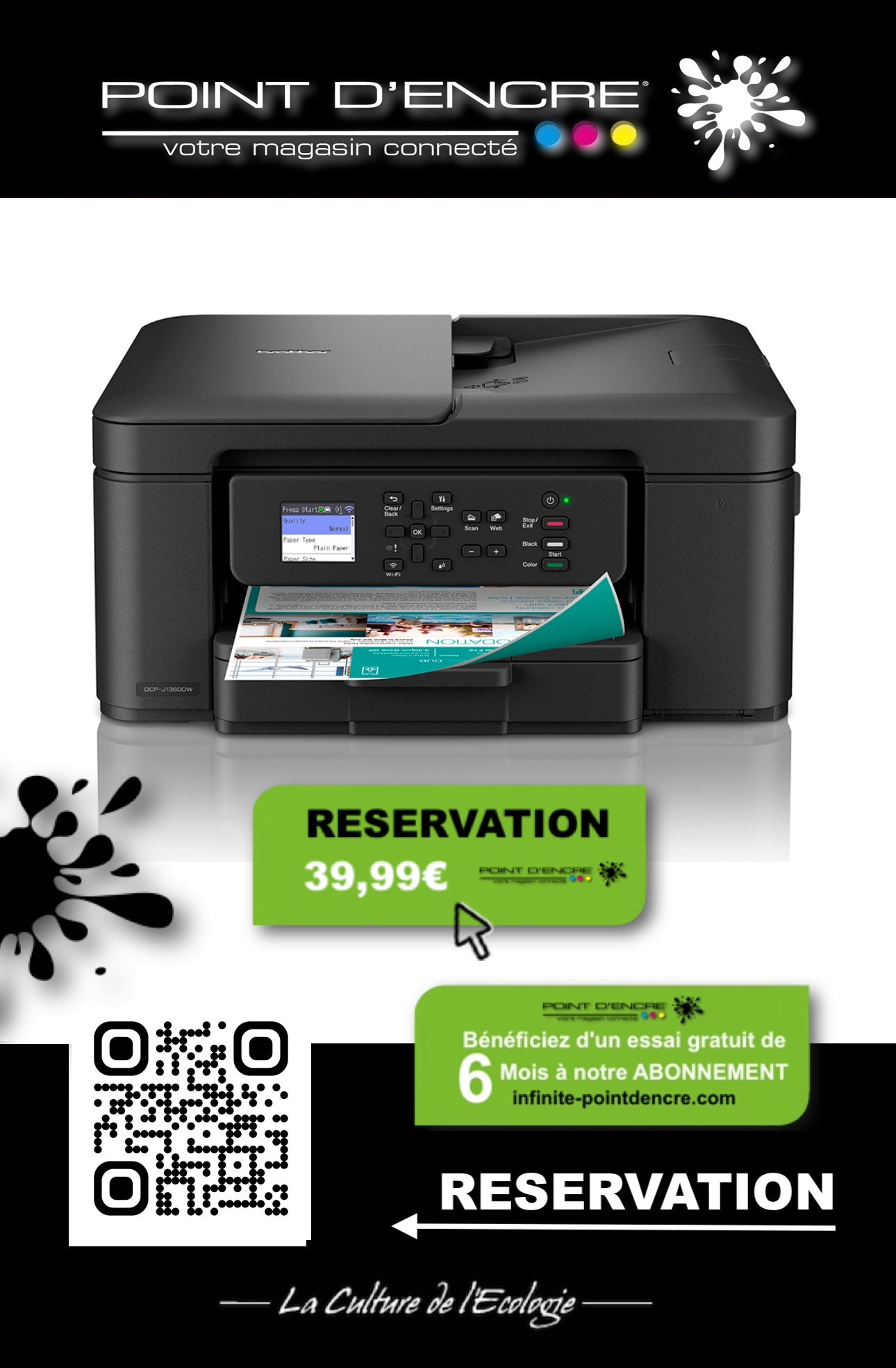 DCP-J1360DW Imprimante Brother jet d'encre multifonction 3-en-1 compacte sans fil. Eligible à notre ABONNEMENT infinite POINT D'ENCRE. imprimante Brother (ipb)