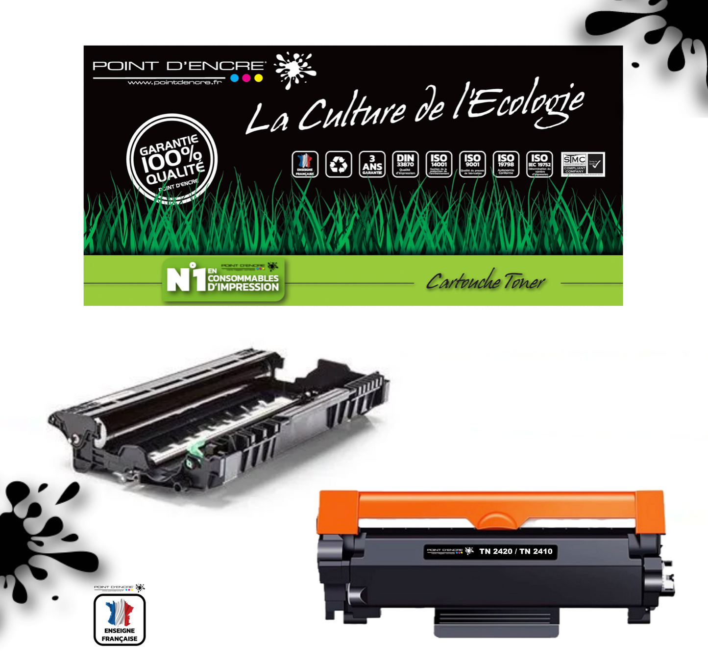 DR2400 (tambour) & TN2420 / TN2410 Cartouche d'encre Toner - Noir - Grande capacité Marque Francaise POINT D'ENCRE pour Imprimantes compatibles Brother (clp)