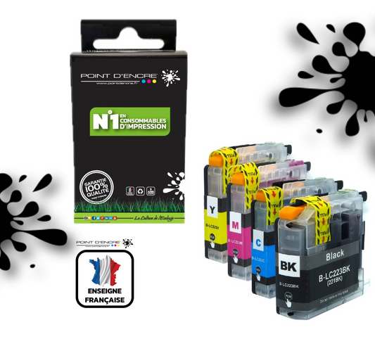 LC223XL/LC221XL - Abonnement - Pack de 4 Cartouches D'encre Noir/Cyan/Magenta/ Jaune - Grande capacité de Marque Française POINT D'ENCRE Pour imprimante compatible BROTHER (ceb)