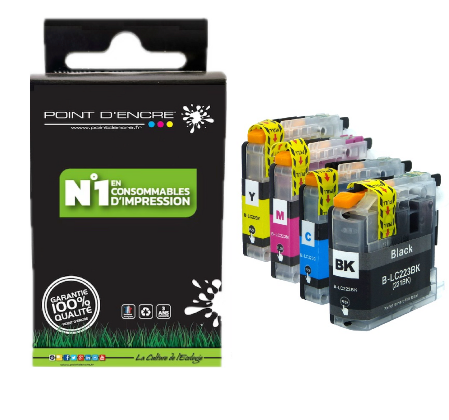 LC223XL/LC221XL - Abonnement - Pack de 4 Cartouches D'encre Noir/Cyan/Magenta/ Jaune - Grande capacité de Marque Française POINT D'ENCRE Pour imprimante compatible BROTHER (ceb)