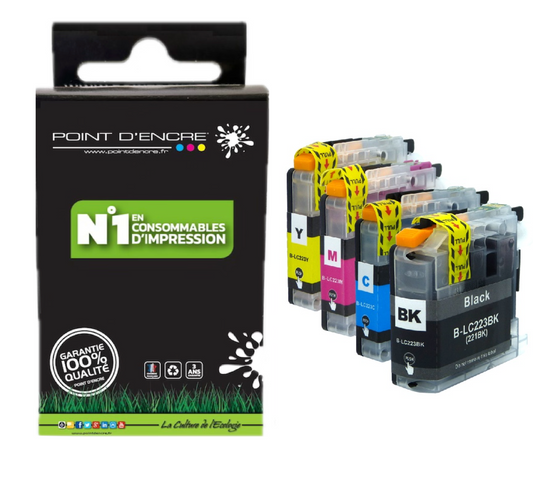 LC223XL/LC221XL - Pack de 4 Cartouches D'encre Noir/Cyan/Magenta/ Jaune - Grande capacité de Marque Française POINT D'ENCRE Pour imprimante compatible BROTHER (ceb)