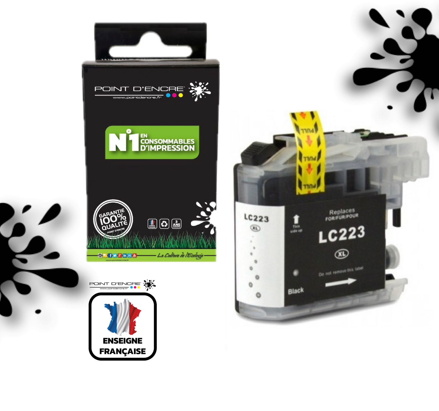 LC223XL/LC221XL - NOIR - Grande capacité de Marque Française POINT D'ENCRE Pour imprimante compatible BROTHER (ceb) (Copie)