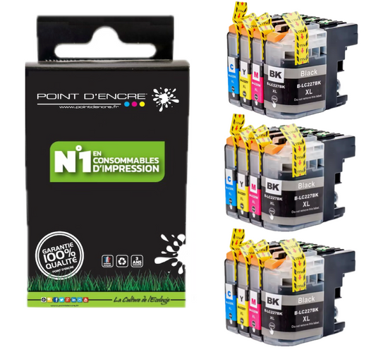 LC225XL / LC227XL - 3 X NOIR / CYAN / MAGENTA / JAUNE - Grande capacité de Marque Française POINT D'ENCRE Pour imprimante compatible BROTHER (ceb)