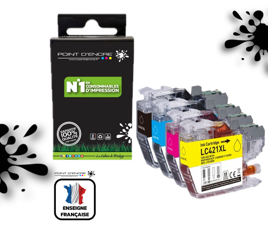 LC421XL - ABONNEMENT - Pack de 4 Cartouches D'encre Noir/Cyan/Magenta/ Jaune - Grande capacité de Marque Française POINT D'ENCRE Pour imprimante compatible BROTHER (ceb)