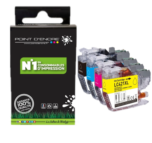 LC421XL - Pack de 4 Cartouches D'encre Noir/Cyan/Magenta/ Jaune - Grande capacité de Marque Française POINT D'ENCRE Pour imprimante compatible BROTHER (ceb)