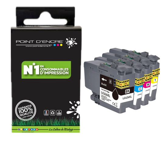 LC426XL - Pack de 4 Cartouches D'encre Noir/Cyan/Magenta/ Jaune - Grande capacité de Marque Française POINT D'ENCRE Pour imprimante compatible BROTHER (ceb)
