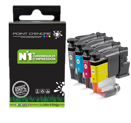 LC521 - Pack de 4 Cartouches D'encre Noir/Cyan/Magenta/ Jaune - Grande capacité de Marque Française POINT D'ENCRE Pour imprimante compatible BROTHER (ceb)