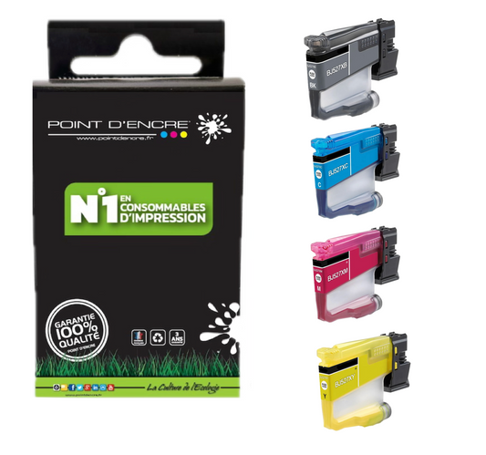 LC527 - Pack de 4 Cartouches D'encre Noir/Cyan/Magenta/ Jaune - Grande capacité de Marque Française POINT D'ENCRE Pour imprimante compatible BROTHER LC527XL(ceb)