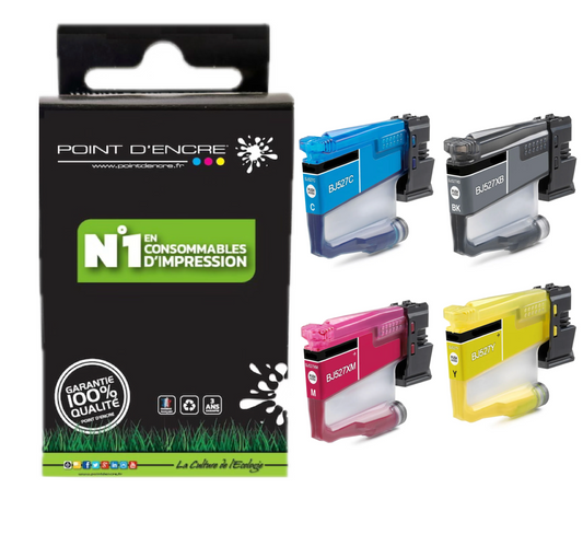 LC527XL / LC527 - NOIR / CYAN / MAGENTA / JAUNE - Grande capacité de Marque Française POINT D'ENCRE Pour imprimante compatible BROTHER (ceb)