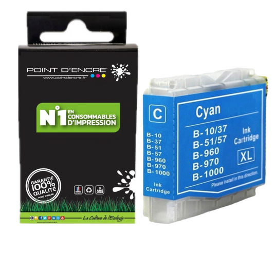 LC960 / LC970 / LC1000 - CYAN - Grande capacité de Marque Française POINT D'ENCRE Pour imprimante compatible BROTHER (ceb)