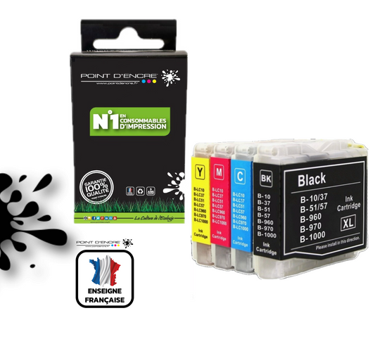 LC960 / LC970 / LC1000 - ABONNEMENT - Pack de 4 Cartouches D'encre Noir/Cyan/Magenta/ Jaune - Grande capacité de Marque Française POINT D'ENCRE Pour imprimante compatible BROTHER (ceb)
