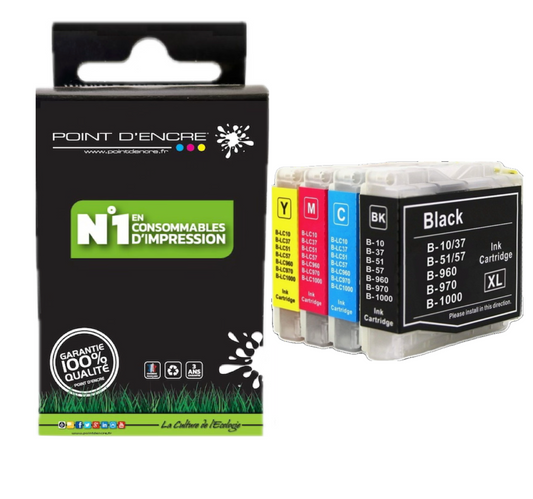 LC960 / LC970 / LC1000 - Pack de 4 Cartouches D'encre Noir/Cyan/Magenta/ Jaune - Grande capacité de Marque Française POINT D'ENCRE Pour imprimante compatible BROTHER (ceb)