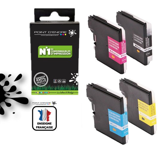 LC980XL / LC985XL / LC1100XL- ABONNEMENT - Pack de 4 Cartouches D'encre Noir/Cyan/Magenta/ Jaune - Grande capacité de Marque Française POINT D'ENCRE Pour imprimante compatible BROTHER (ceb)