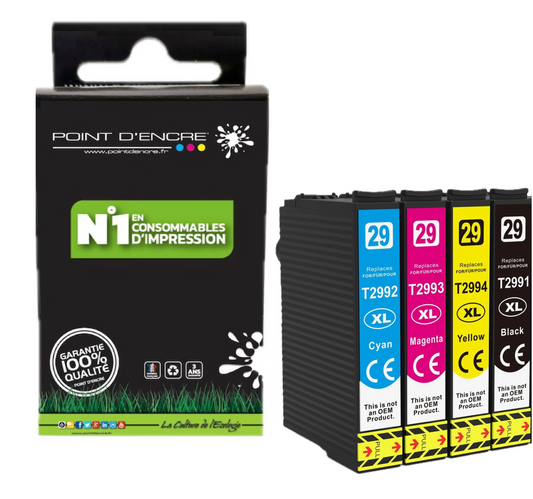 29XL - Fraise - Pack de 4 Cartouches D'encre Noir/Cyan/Magenta/ Jaune - Grande capacité de Marque Francaise POINT D'ENCRE Pour imprimante compatible EPSON (cee)