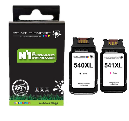 PG-540XL - CL-541XL - NOIR & COULEUR - 5222B005 / PG-540 XL - 5226B005 / CL-541 XL - Grande capacité de Marque Française POINT D'ENCRE - Pour imprimante compatible CANON (cec)