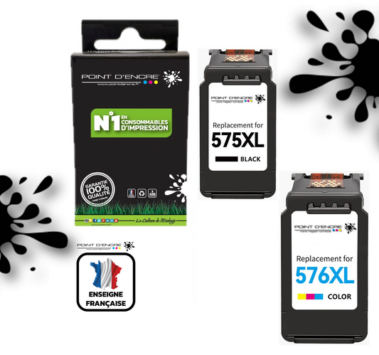 PG-575XL / CL-576XL - ABONNEMENT - NOIR / COULEUR - Grande capacité de Marque Française POINT D'ENCRE - Pour imprimante compatible CANON (cec)