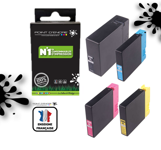 PGI-2500XL - ABONNEMENT - Pack Noir / Cyan / Magenta / Jaune - Grande capacité de Marque Francaise POINT D'ENCRE Pour imprimante compatible CANON (cec)
