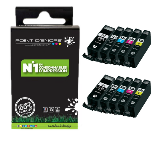PGI-525 / CLI-526 - 2 X PACKS NOIR / NOIR PHOTO / CYAN / MAGENTA / JAUNE - Grande capacité de Marque Française POINT D'ENCRE Pour imprimante compatible CANON (cec)