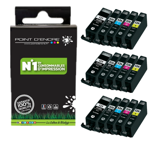 PGI-525 / CLI-526 - 3 X PACKS NOIR / NOIR PHOTO / CYAN / MAGENTA / JAUNE - Grande capacité de Marque Française POINT D'ENCRE Pour imprimante compatible CANON (cec)