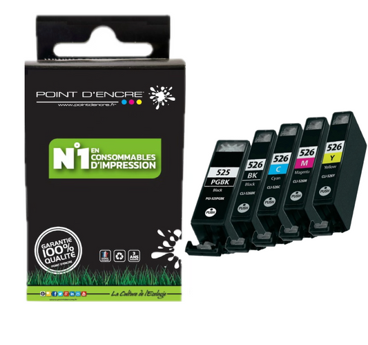 PGI-525 / CLI-526 - NOIR / NOIR PHOTO / CYAN / MAGENTA / JAUNE - Grande capacité de Marque Française POINT D'ENCRE Pour imprimante compatible CANON (cec)