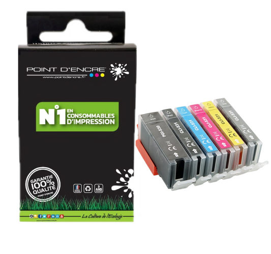 PGI-530 / CLI-531 - NOIR / NOIR PHOTO / CYAN / MAGENTA / JAUNE / GRISE - Grande capacité de Marque Française POINT D'ENCRE Pour imprimante compatible CANON (cec)