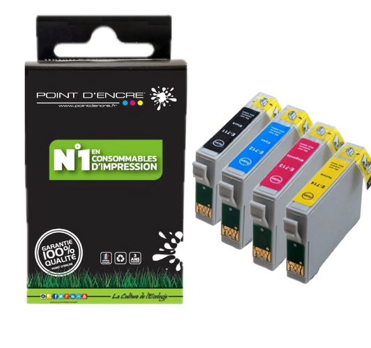 T0715 - Guépard - Pack de 4 Cartouches D'encre T0711-Noir/ T0712 Cyan/ T0713 Magenta/ T0714 Jaune - Grande capacité de Marque Française POINT D'ENCRE Pour imprimante compatible EPSON (cee)