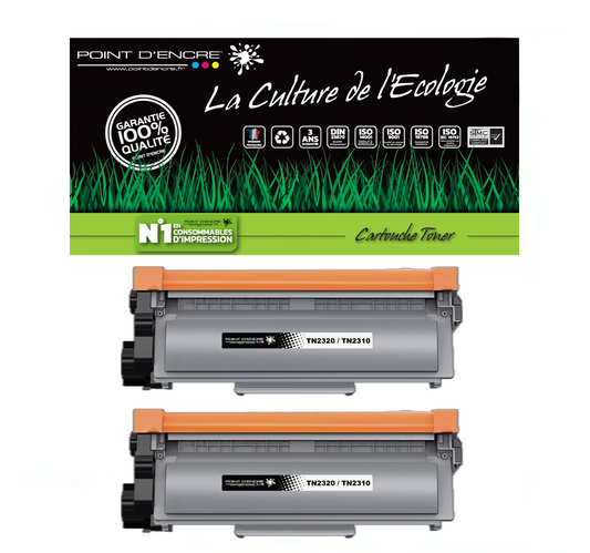 TN2320/TN2310/ - 2 X Noir - Grande capacité Marque Francaise POINT D'ENCRE/ DR2300 pour Imprimantes compatibles Brother (clp)