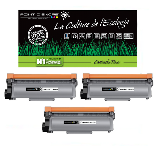 TN2320/TN2310/ - 3 X Noir - Grande capacité Marque Francaise POINT D'ENCRE/ DR2300 pour Imprimantes compatibles Brother (clp)