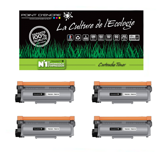 TN2320/TN2310/ - 4 X Noir - Grande capacité Marque Francaise POINT D'ENCRE/ DR2300 pour Imprimantes compatibles Brother (clp)
