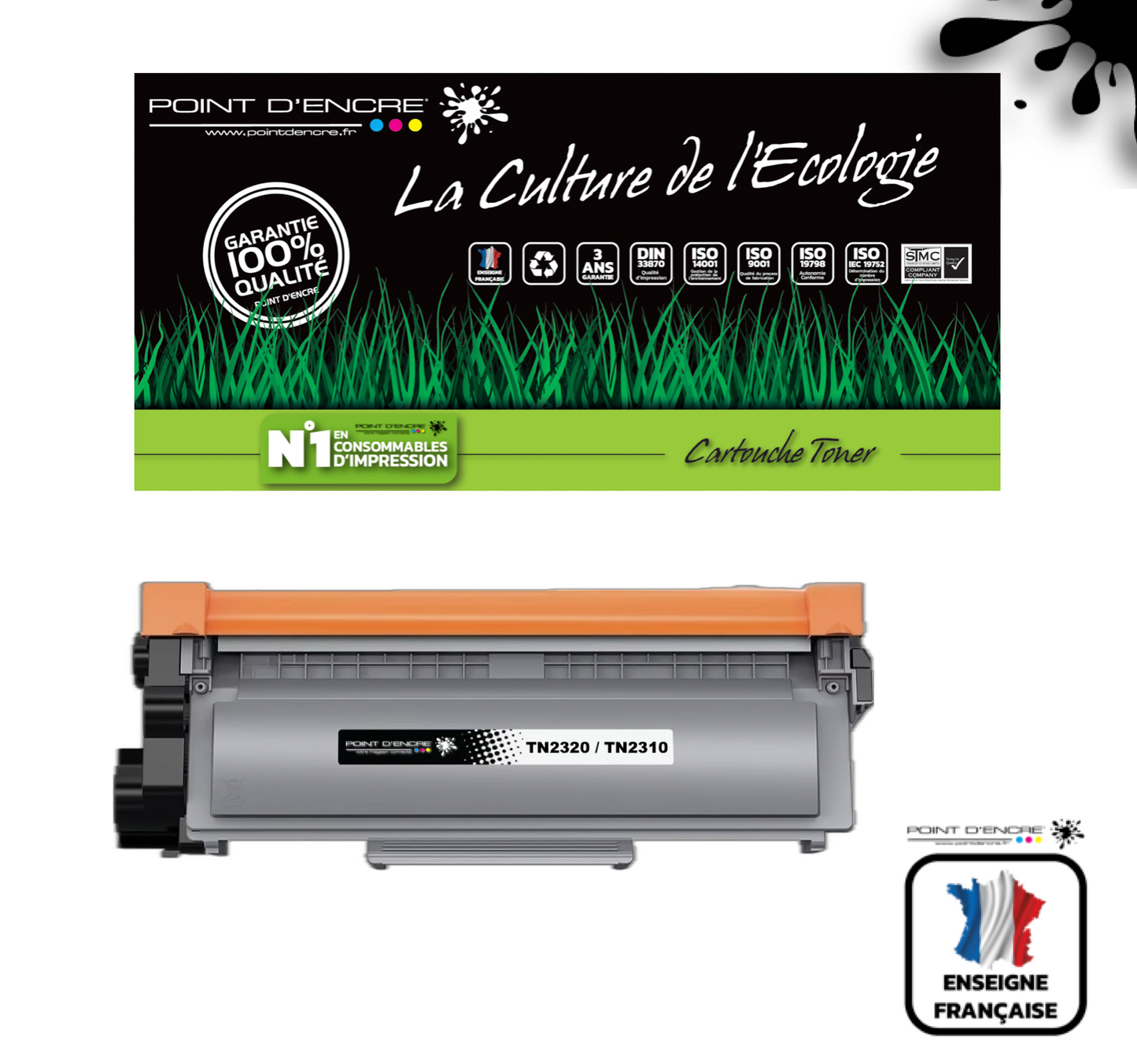 TN2320/TN2310/ - Noir - Grande capacité Marque Francaise POINT D'ENCRE/ DR2300 pour Imprimantes compatibles Brother (clp)