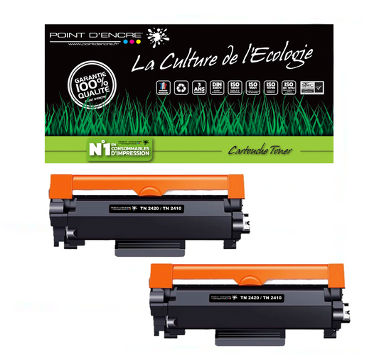 TN2420 / TN2410 Pack de 2 x cartouches d'encre Toner- Noir - Grande capacité Marque Francaise POINT D'ENCRE pour Imprimantes compatibles Brother (clp)