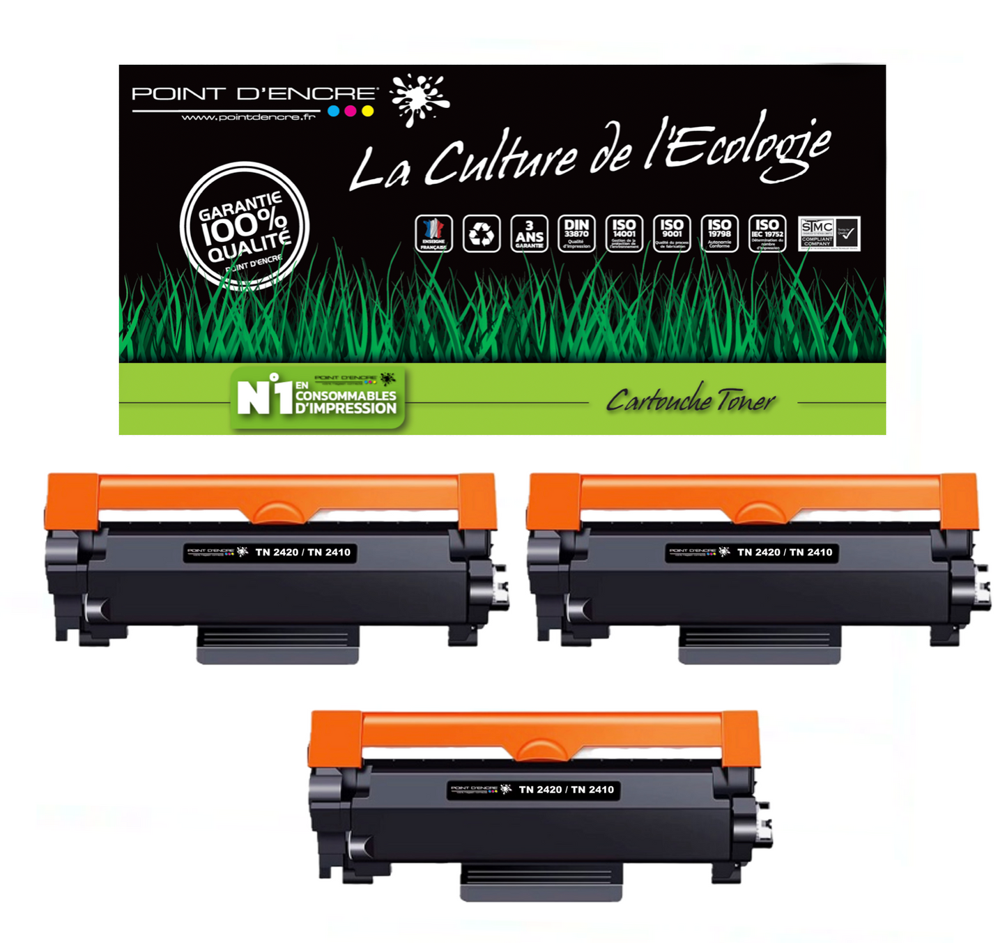 TN2420 / TN2410 Pack de 3 x cartouches d'encre Toner- Noir - Grande capacité Marque Francaise POINT D'ENCRE pour Imprimantes compatibles Brother (clp)