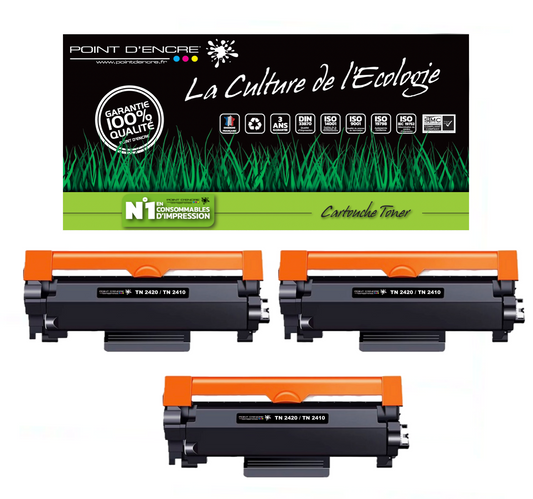 TN2420 / TN2410 Pack de 3 x cartouches d'encre Toner- Noir - Grande capacité Marque Francaise POINT D'ENCRE pour Imprimantes compatibles Brother (clp)